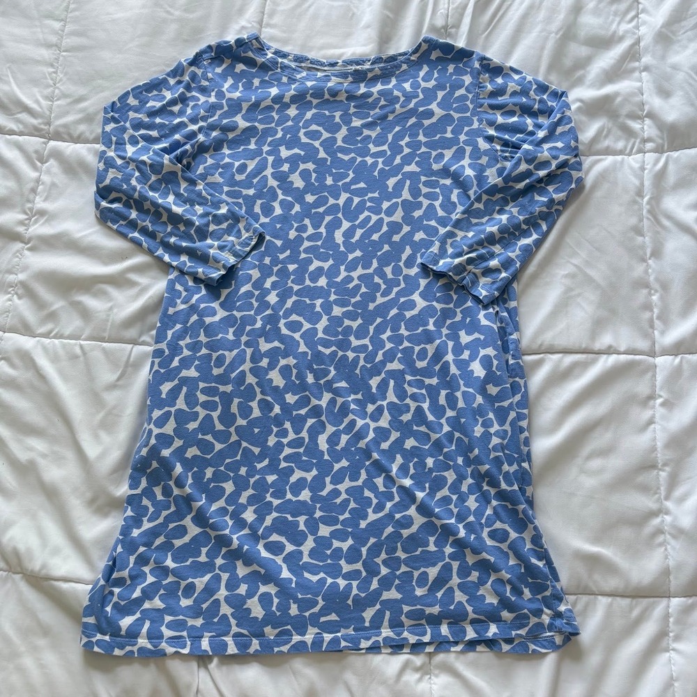 Womens Large Shift Dress Blue White Abstract 100% Cotton Coastal Nautical Beachy